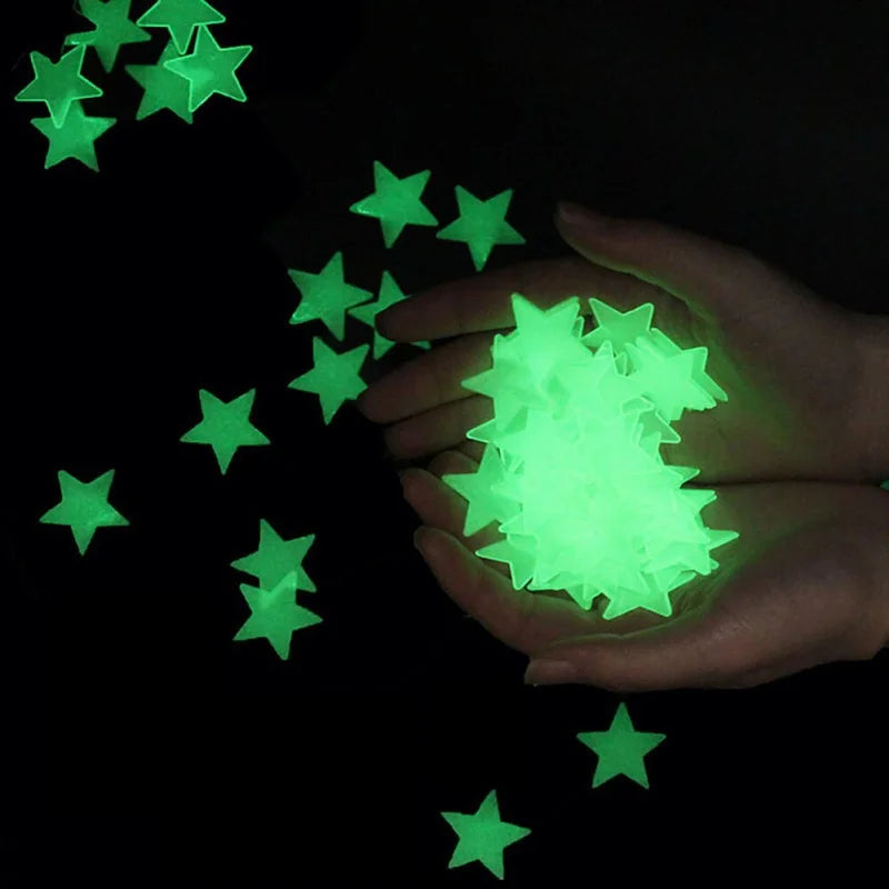 100 peças estrela de cinco pontos que brilha no escuro 3d fluorescente luminosa