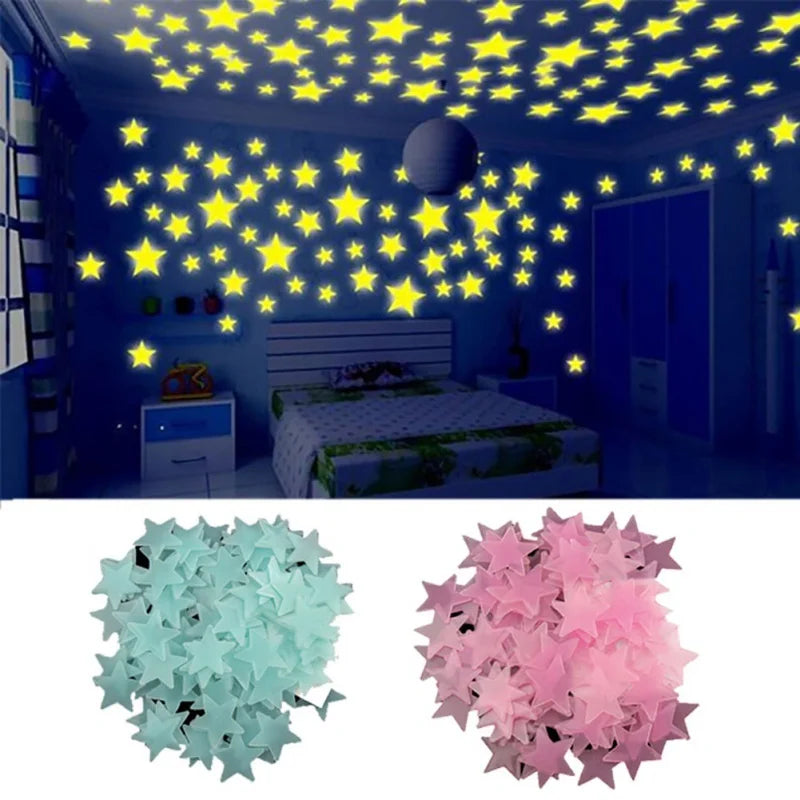 100 peças estrela de cinco pontos que brilha no escuro 3d fluorescente luminosa