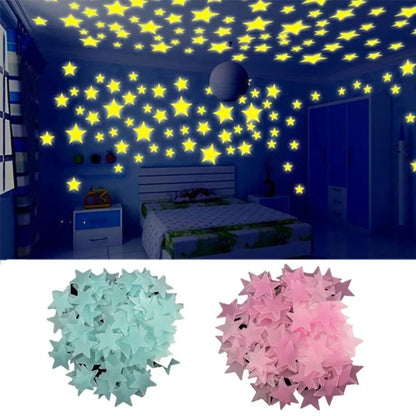100 peças estrela de cinco pontos que brilha no escuro 3d fluorescente luminosa